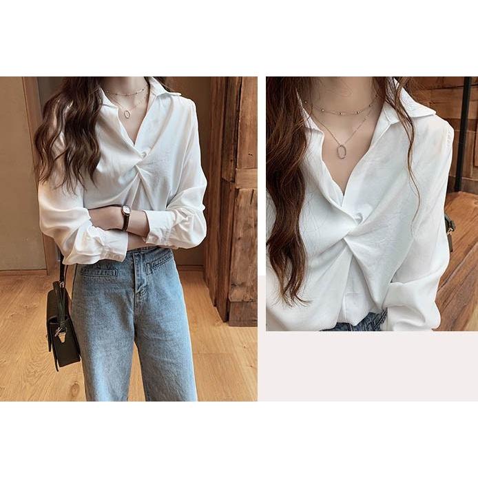 シャツブラウス フロントクロス シャツ ブラウス 襟付き Vネック プル
