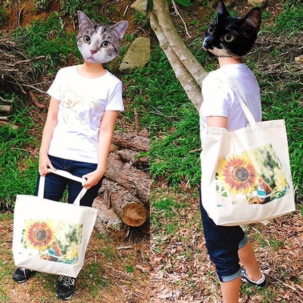 ボタン柄 猫トートバッグ 貼り絵風 Lサイズ 20リットル 大容量 厚手