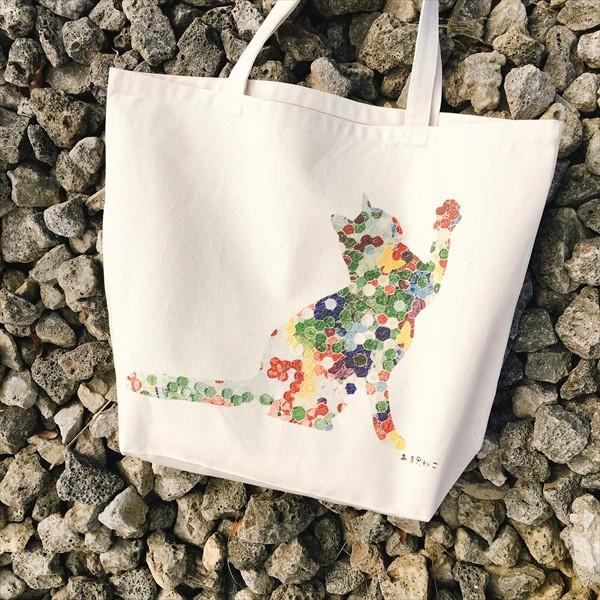 ボタン柄 猫トートバッグ 貼り絵風 Lサイズ 20リットル 大容量
