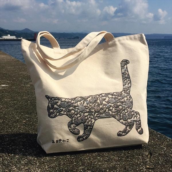 琉球紅型刺繍風 猫トートバッグ Lサイズ 20L 大容量 厚手 ショッピング