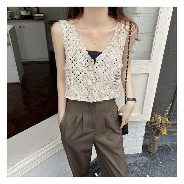 クロシェ編み ニット ベスト フロントボタン 前開き ショート丈 レディース ベスト |  | 01