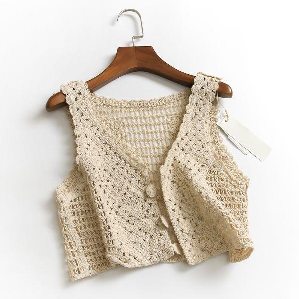 クロシェ編み ニット ベスト フロントボタン 前開き ショート丈 レディース ベスト |  | 05