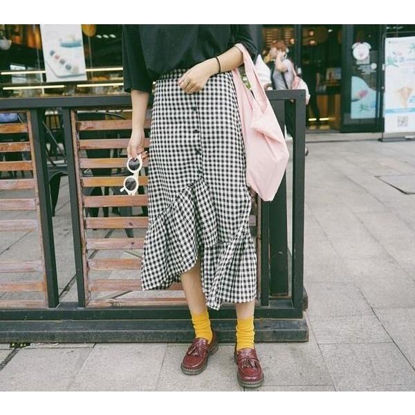 フィッシュテール ロング丈 スカート スイング チェック柄 ボタンダウン マキシスカート | 