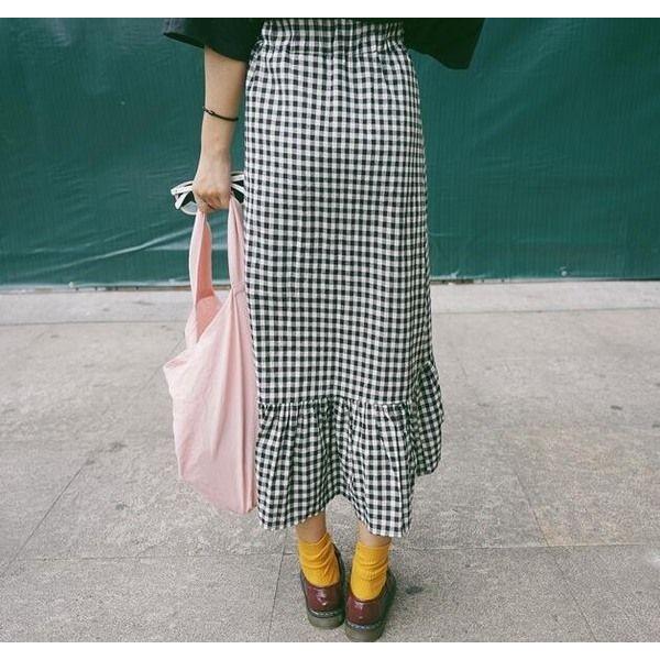 フィッシュテール ロング丈 スカート スイング チェック柄 ボタンダウン マキシスカート |  | 02
