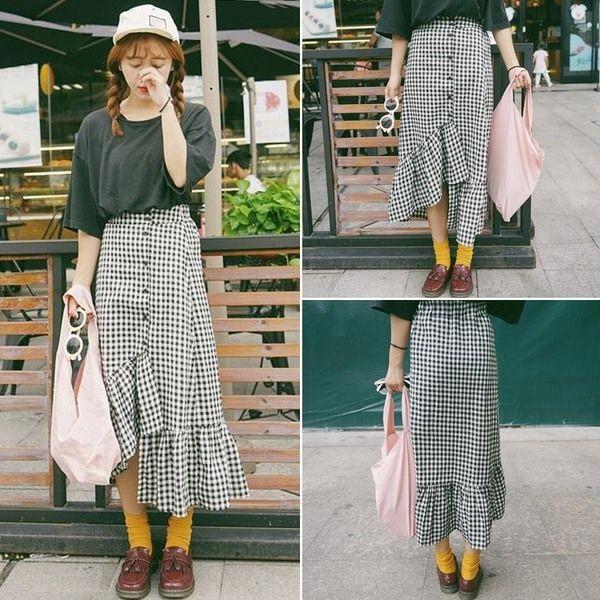 フィッシュテール ロング丈 スカート スイング チェック柄 ボタンダウン マキシスカート |  | 03