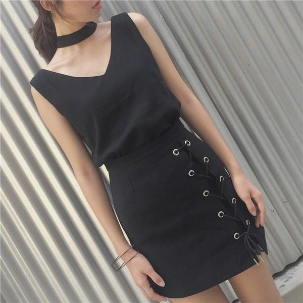 レースアップ タイト 編み上げ モノトーン カジュアル ミニ スカート |  | 01