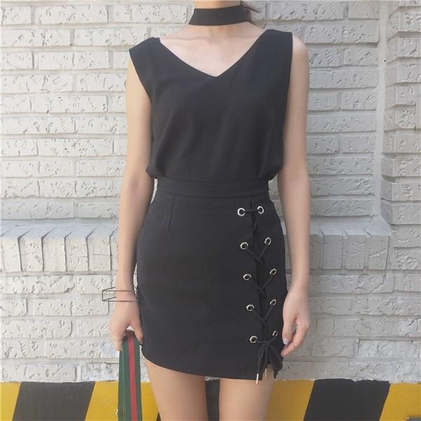 レースアップ タイト 編み上げ モノトーン カジュアル ミニ スカート |  | 02