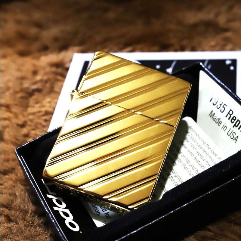 ZIPPO 1935レプリカ 斜線カット ゴールド 5面加工 インナー金タンク 