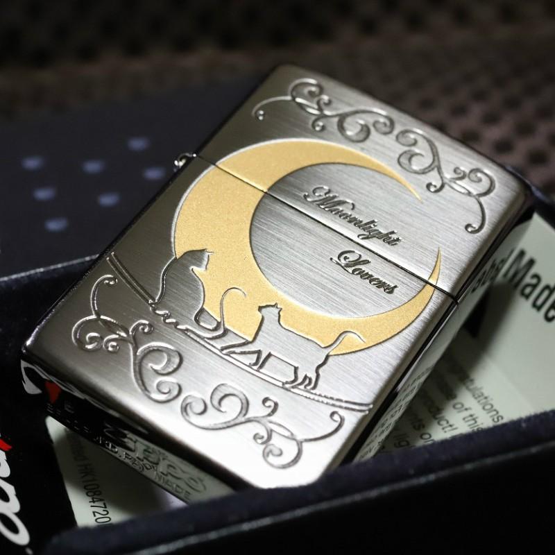 ZIPPO 猫 三日月 ブラックサテン 黒 かわいい ネコと月 ライター 人気 猫ジッポ ジッポー 月 ネコジッポ zippo プレゼント人気 カワイイ キャット 女性