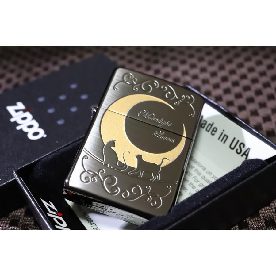 ZIPPO 猫 三日月 ブラックサテン 黒 かわいい ネコと月 ライター 人気 猫ジッポ ジッポー 月 ネコジッポ zippo プレゼント人気 カワイイ キャット 女性の画像