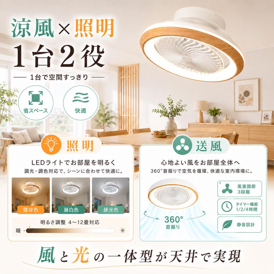 新入荷]シーリングファンライト 360°首振り ファン付き照明 1台2役 DC