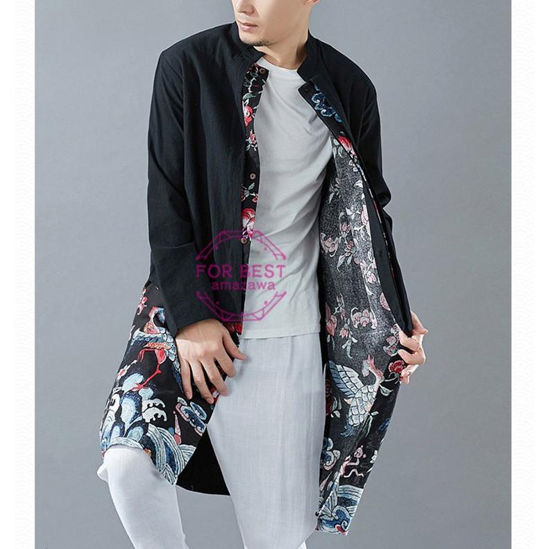 羽織 メンズ ロング丈 浴衣 ロングジャケット チャイナ服 重ね着風 綿麻ジャケット 切り替え 春服 Fb For Best 通販 Yahoo ショッピング