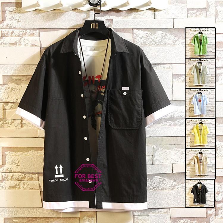 半袖シャツ メンズ おしゃれ 白シャツ 切り替え カジュアルシャツ 五分袖シャツ ポケット 重ね着