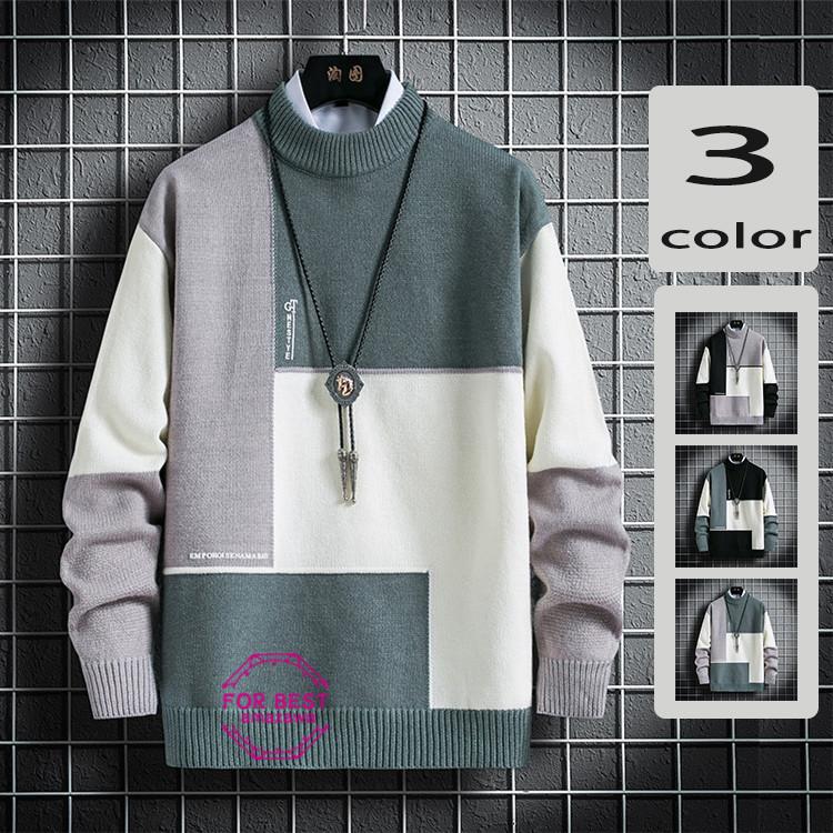 セーター メンズ ニット ニットセーター 配色切り替え クルーネック 防寒 カジュアル 暖かい 秋服 Fb For Best 通販 Yahoo ショッピング
