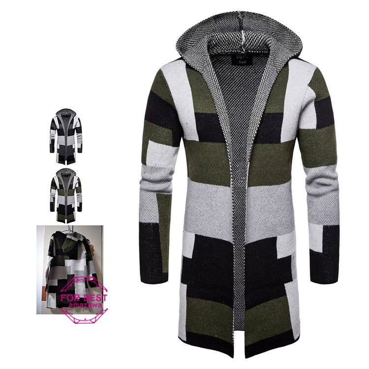 カーディガン メンズ ロング丈 ニットコート フード付き ロングコート カジュアル 切り替え 防寒 春服 最も完璧な