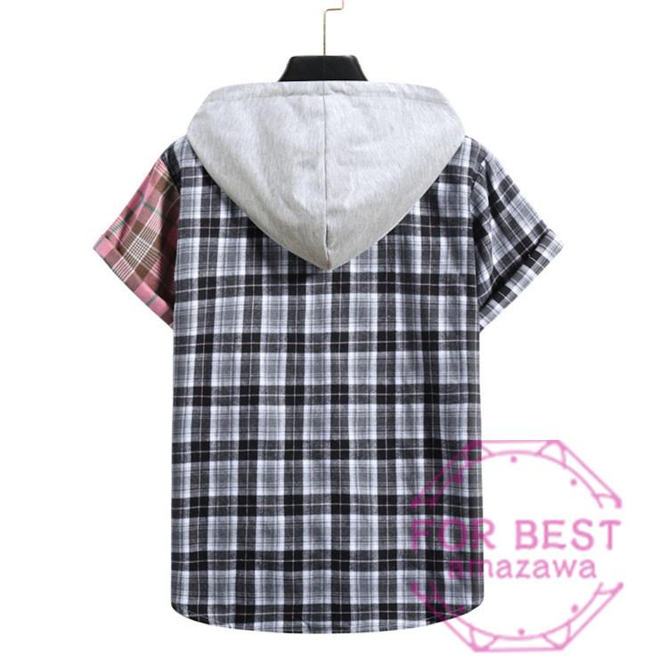 パーカー メンズ 半袖 切り替え チェックパーカー 半袖パーカー おしゃれ フード付き カジュアル おしゃれ 夏 最も完璧な