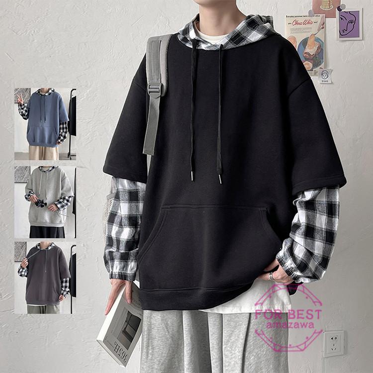 パーカー メンズ 長袖 長袖パーカー 大きいサイズ 重ね着風 春服 チャック柄 切り替え フード付き 定期入れの