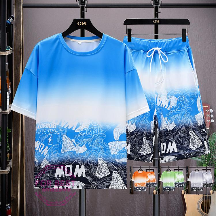 ジャージ上下 メンズ セットアップ 上下セット 半袖tシャツ ハーフパンツ 冷感 ひんやり 夏 グラデーション 靴柄 5 大好評