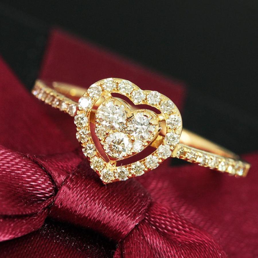 キュート 0.4ct ダイヤモンド K18 yg ダブル ハート リング 鑑別書付  
