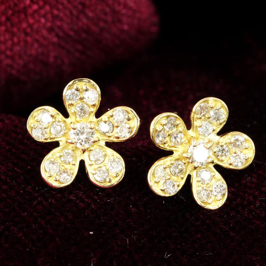プチフラワー 計 0.3ct ダイヤモンド K18 yg ピアス 鑑別書付 18金 