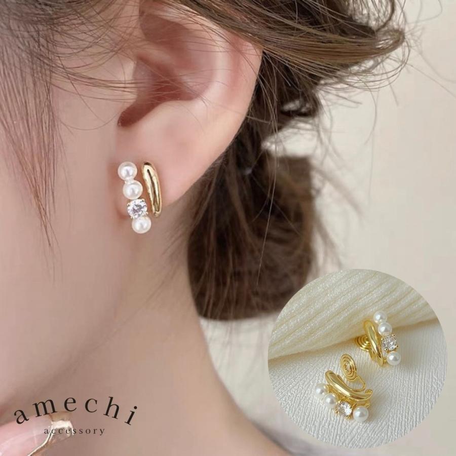 イヤリング 痛くない 40代 50代 大ぶり 大きめ ジルコニア パール 真珠 ノンホールピアス ゴールド クリップ シリコンカバー 30代 レディース | 