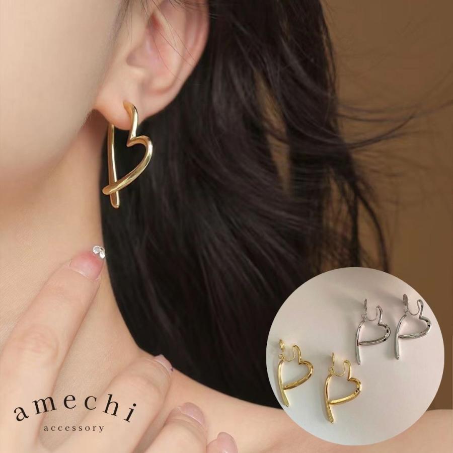 イヤリング 痛くない 40代 50代 揺れる 大ぶり ハート ノンホール ピアス見え ゴールド シルバー クリップ シリコンカバー レディース | 