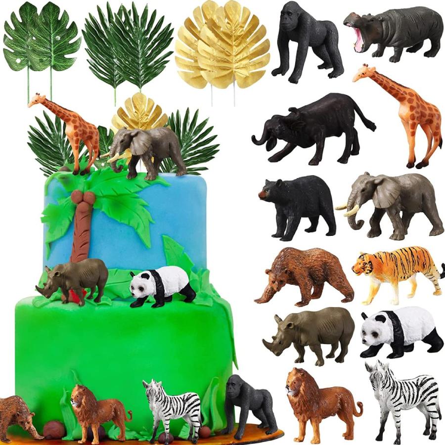 高評価 リアルなジャングルアニマルおもちゃ 18ピース プラスチック製 野生動物フィギュア ヤシの葉 ケーキトッパー ワイルドワン ベビーシャワー パーティー その他テーブル