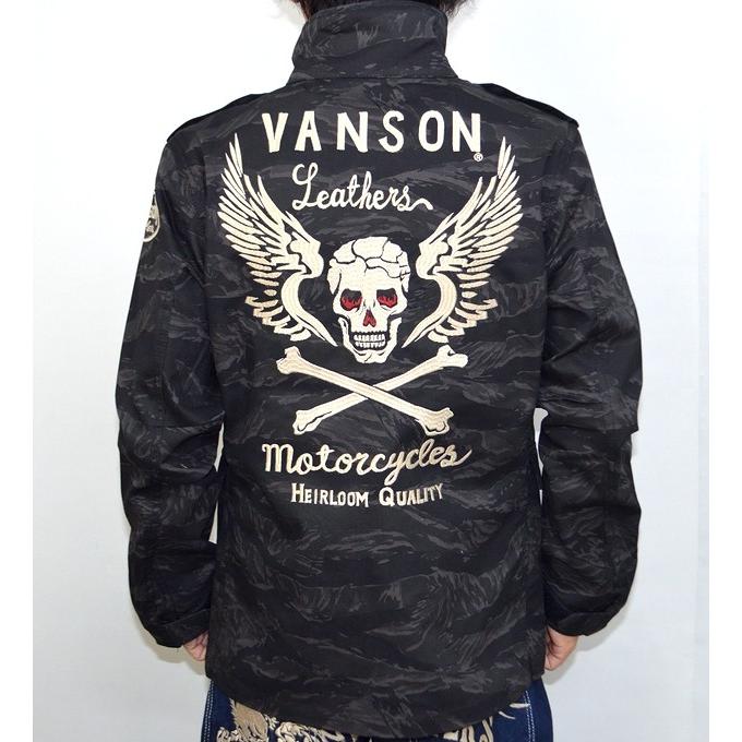 バンソン VANSON NVSL-611 M-65シャツ 長袖シャツ フライングスカル ミリタリー カモ 刺繍 ブラックカモ色｜americanbass