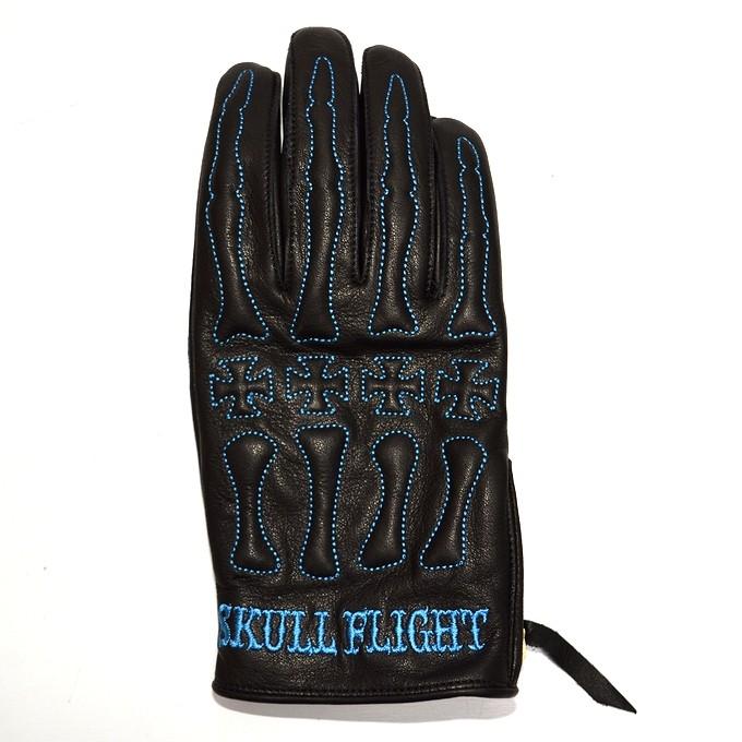 値下げSKULL FLIGHT バイクグローブ 青/黒 SKULL FLIGHT スカルフライト 3シーズン対応撥水加工オールレザー