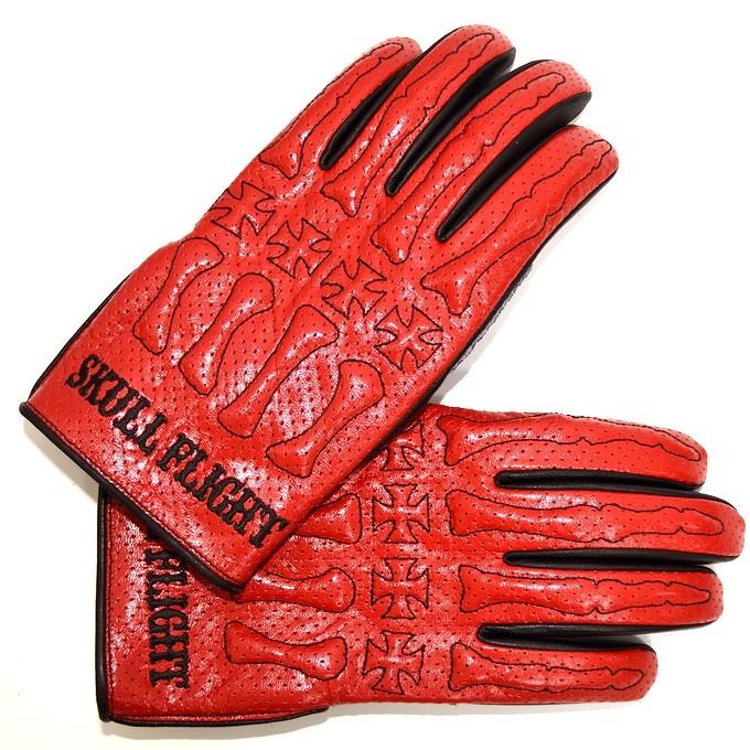 SKULL FLIGHT スカルフライト パンチングメッシュ オールレザーグローブ レッド BONE GLOVE ボーングローブ