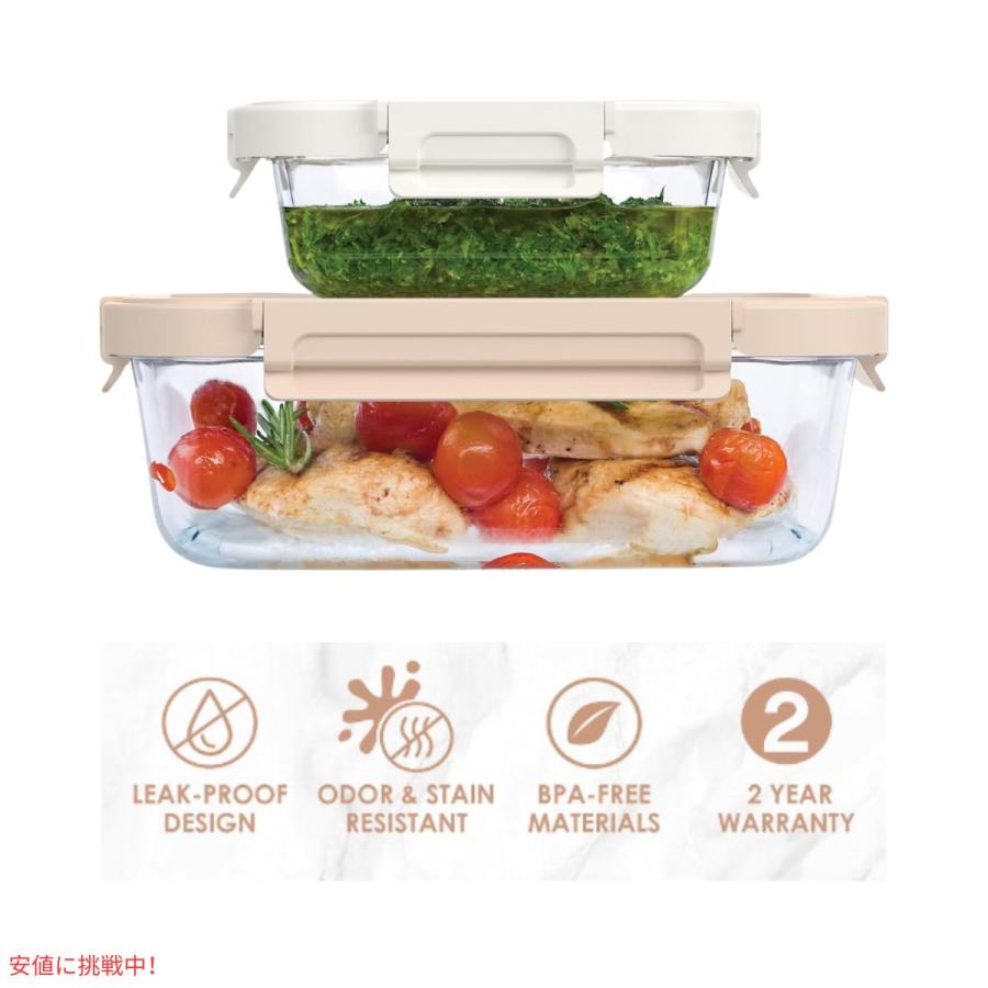 【並行輸入品】ベントゴー Bentgo 漏れ防止 ガラス保存容器 1.6\u0026 6.3 Cup フタつき Glass Leak-Proof Food Storageの画像