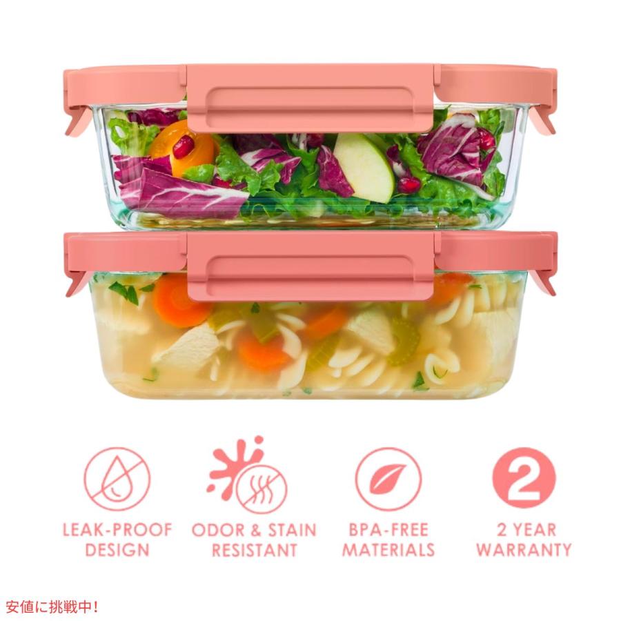 【並行輸入品】ベントゴー Bentgo 漏れ防止 ガラス保存容器 4.4 Cup  フタつき Glass Leak-Proof Food Storage  Coral Washの画像