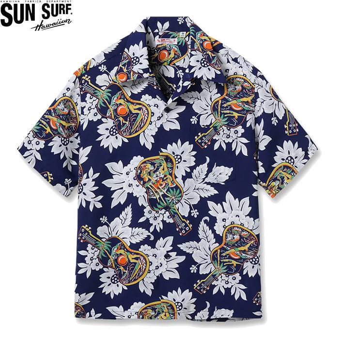 サンサーフ SUN SURFアロハシャツ ウクレレ　花　ネイビー　大きいサイズ SUN SURF SS39613 RAYON HAWAIIAN SHIRT UKULELE MELODY 128 NAVY