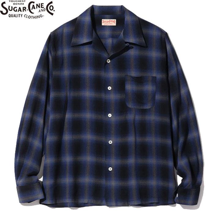 SUGAR CANE RAYON OMBRE CHECK OPEN SHIRT 128 NAVY SC29120 シュガー