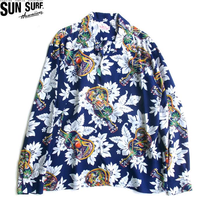 SUN SURF SS29603 L/S UKULELE MELODY RAYON HAWAIIAN SHIRT 128 NAVY