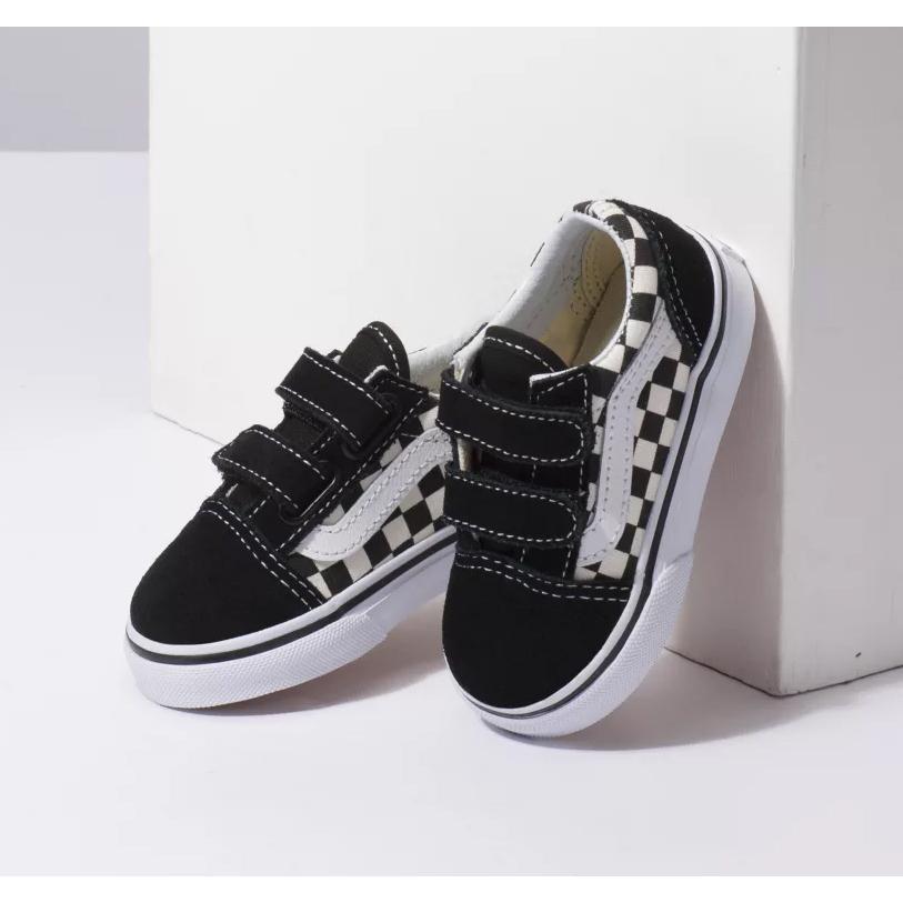 バンズ トドラー オールドスクール ベルクロ チェッカー ブラック ホワイト キッズ 子供用 靴 スニーカー VANS KIDS OLD SKOOL V (PRIMARY CHECK)BLACK/WHITE｜americanrushstore｜02