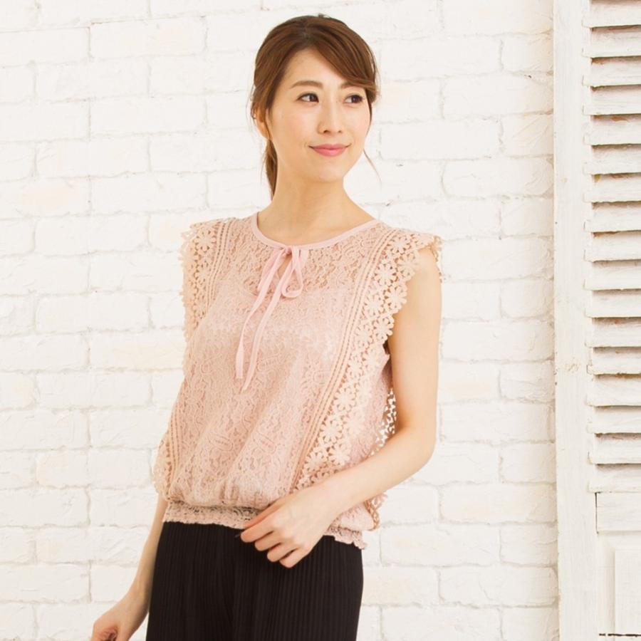 ブラウス レディース 黒 ベージュ ピンク 夏 フリル リボン オフィス レースの袖なしブラウス ファッション通販アミアン ハウス 通販 Yahoo ショッピング