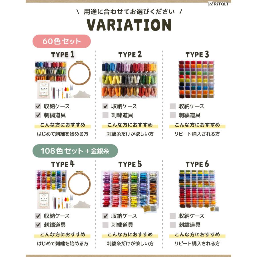 刺繍糸 セット 108色＋金銀糸 収納  図案 刺繍キット 初心者 刺繍枠 糸巻き 糸通し 糸切りばさみ （25番/8m/6本綴り） 刺しゅう糸 ししゅう糸 |  | 05