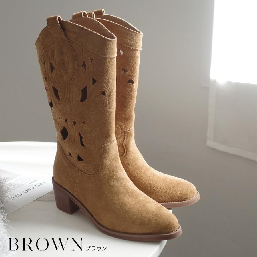 ウエスタンブーツ パンチング ミドル スエード レディース 春夏秋冬
