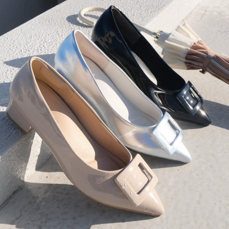 晴雨兼用 生活防水 ポインテッドトゥ バックルモチーフ ローヒールパンプス レディース アミアミamiami | AmiAmi