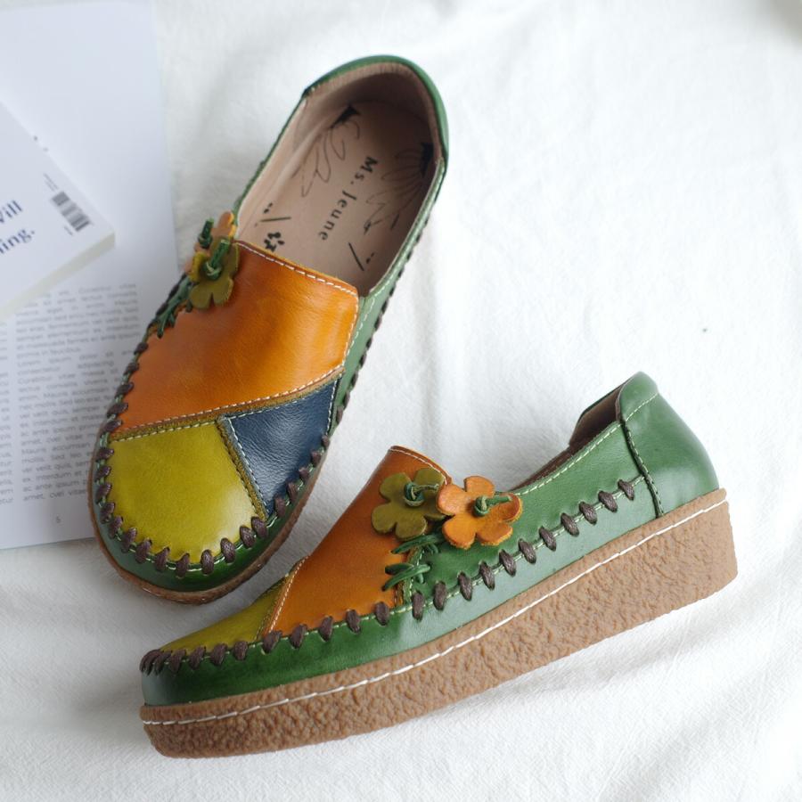 パッチワーク デザイン 本革 スリッポン フラワーモチーフ レディース