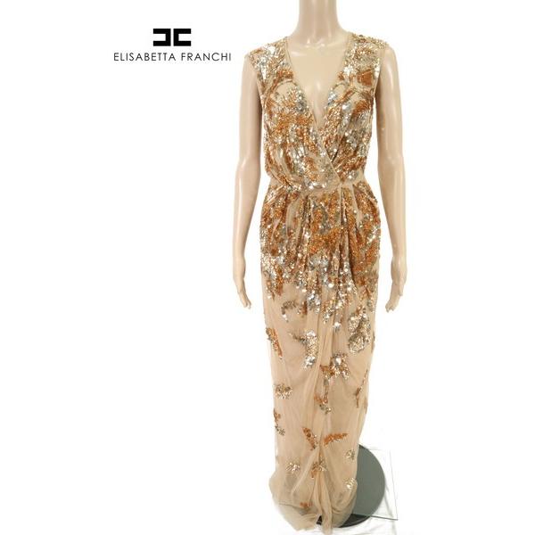 注目ショップ ブランドのギフト ワンピース Franchi Elisabetta エリザベッタフランキ 新品 80 Off スパンコール刺しゅうが見事なロングワンピースドレス 40 スパンコール ロングドレス レディース ブロンズ Mサイズ Eop1130 ワンピース チュニック Affaires