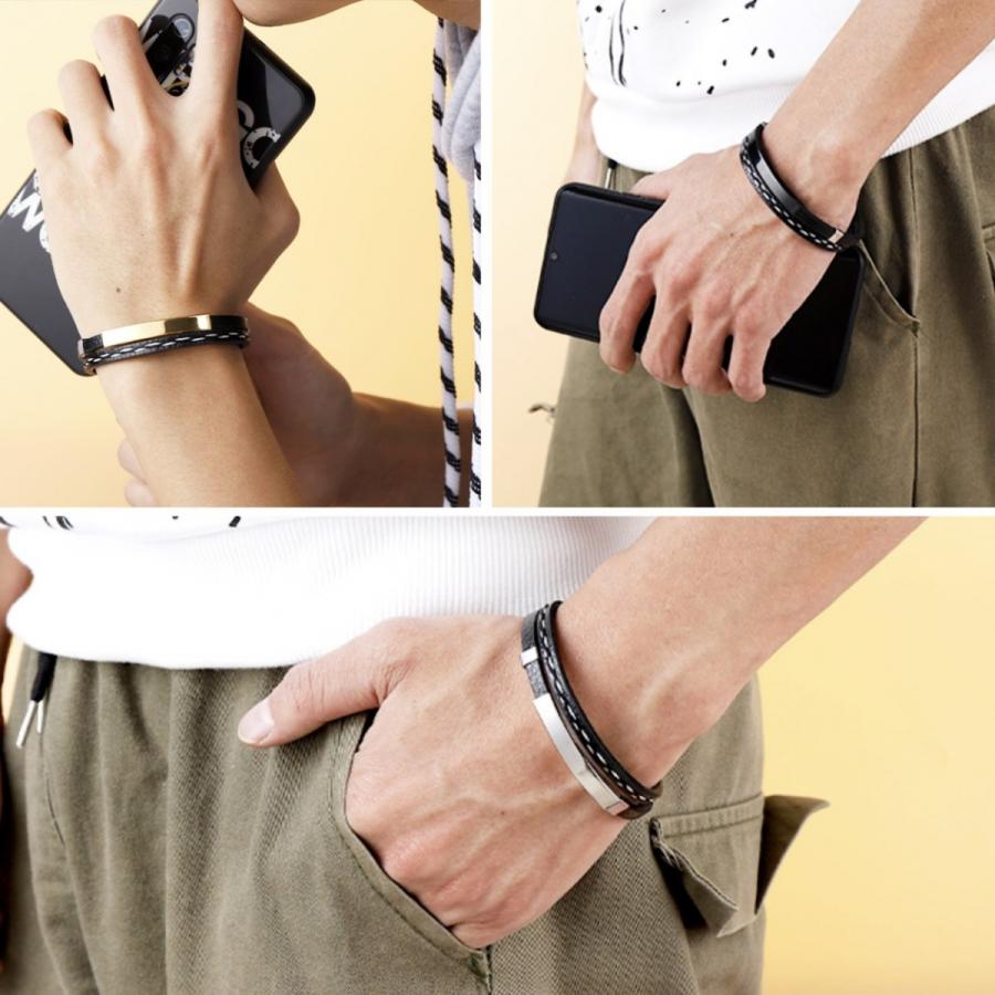 レザーブレスレット メンズ 2層 ブラック シルバー PU 男女兼用 ［送料