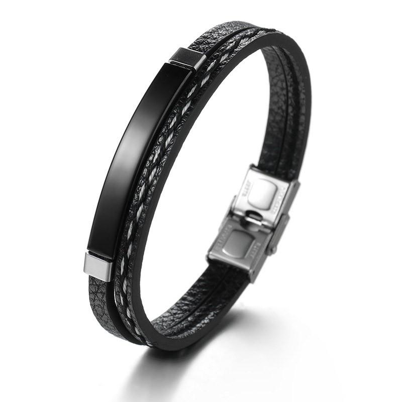 レザーブレスレット メンズ 2層 ブラック シルバー PU 男女兼用 ［送料