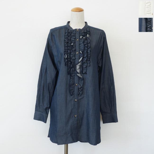 SALE [20%OFF] WHYTO. (ホワイト) ブラウス ドレスシャツ フリル 長袖 バンドカラー ラウンドヘム WHT25FBL4081 返品不可 | 