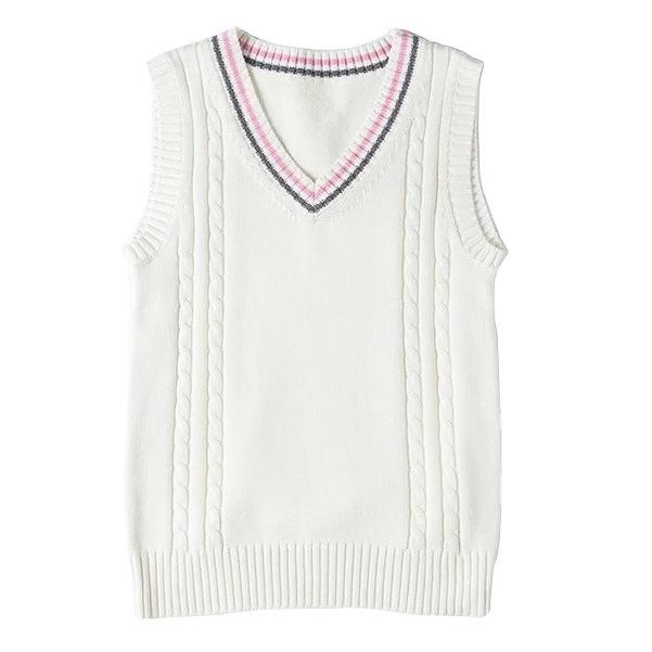 年間使いやすい綿100%ライン入りケーブル編み学生制服Vネックニットスクールベスト９ゲージ |  | 04