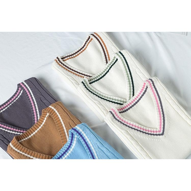 年間使いやすい綿100%ライン入りケーブル編み学生制服Vネックニットスクールベスト９ゲージ |  | 11