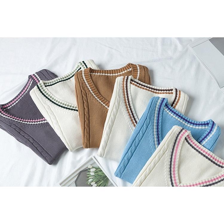 年間使いやすい綿100%ライン入りケーブル編み学生制服Vネックニットスクールベスト９ゲージ |  | 12