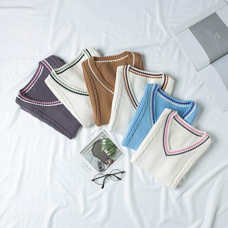 年間使いやすい綿100%ライン入りケーブル編み学生制服Vネックニットスクールベスト９ゲージ |  | 15