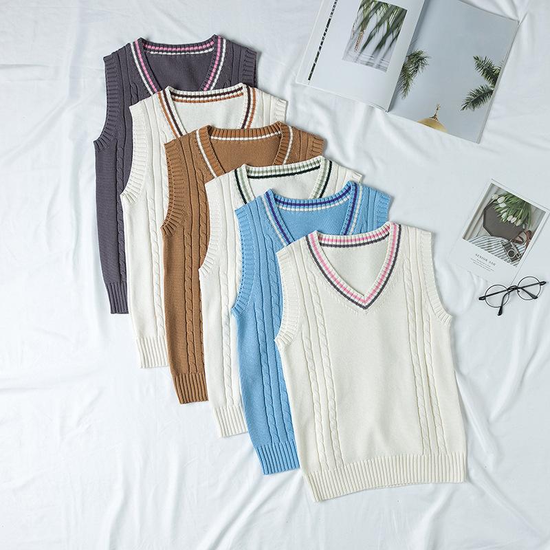 年間使いやすい綿100%ライン入りケーブル編み学生制服Vネックニットスクールベスト９ゲージ |  | 16